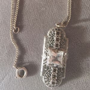 Antique Silver Filigree Crystal Art Deco Necklace